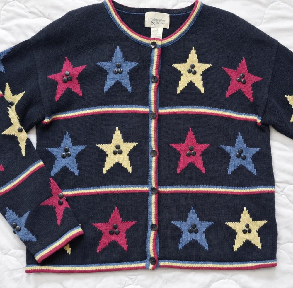 Vintage 2001 Christopher & Banks Star Cardigan Y2K Navy Novelty Sweater